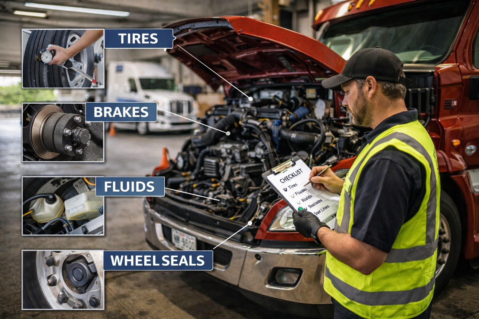 B&F Truck Repair technician performing diesel truck engine diagnostics and heavy-duty repair service in a professional truck repair shop.